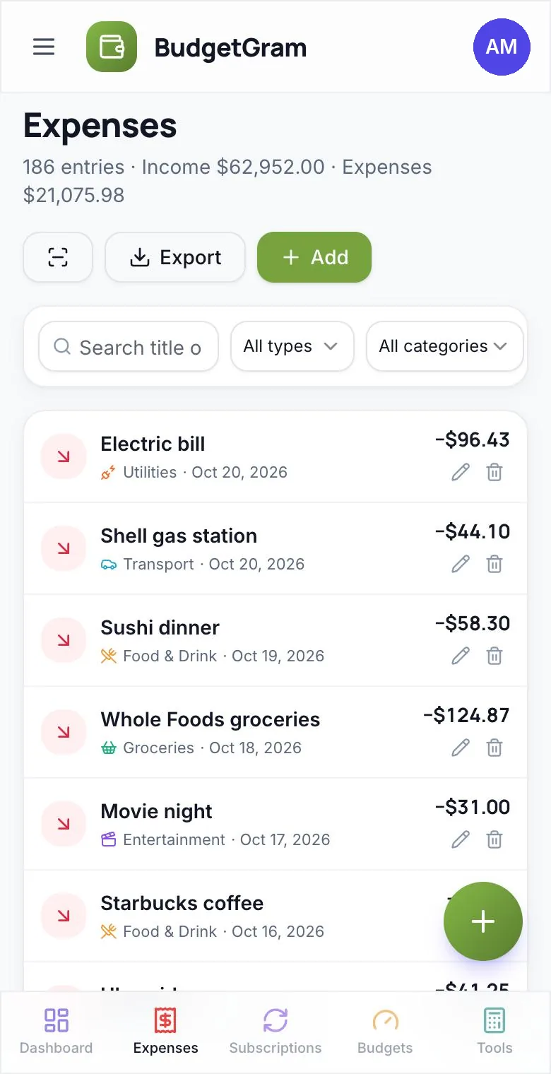 BudgetGram expense list on a phone showing an electric bill, gas, groceries and dinner with categories and dates