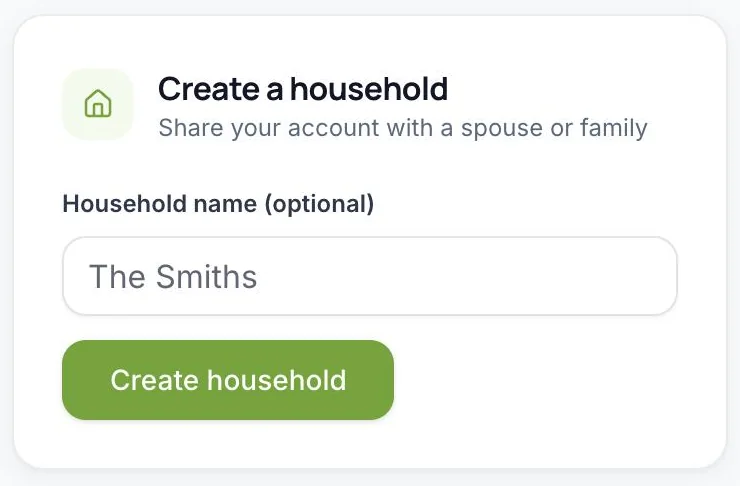 BudgetGram Settings, Family: Create a household card with a household name field and Create household button